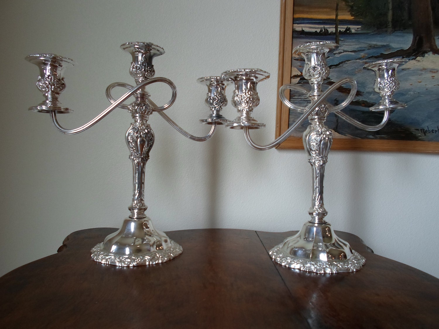 Pair of large 3-light Countess (slvp,Holloware) pattern by  International Silver co. Candelabra  Traditional  Shabby Chic  Cottage Chic
