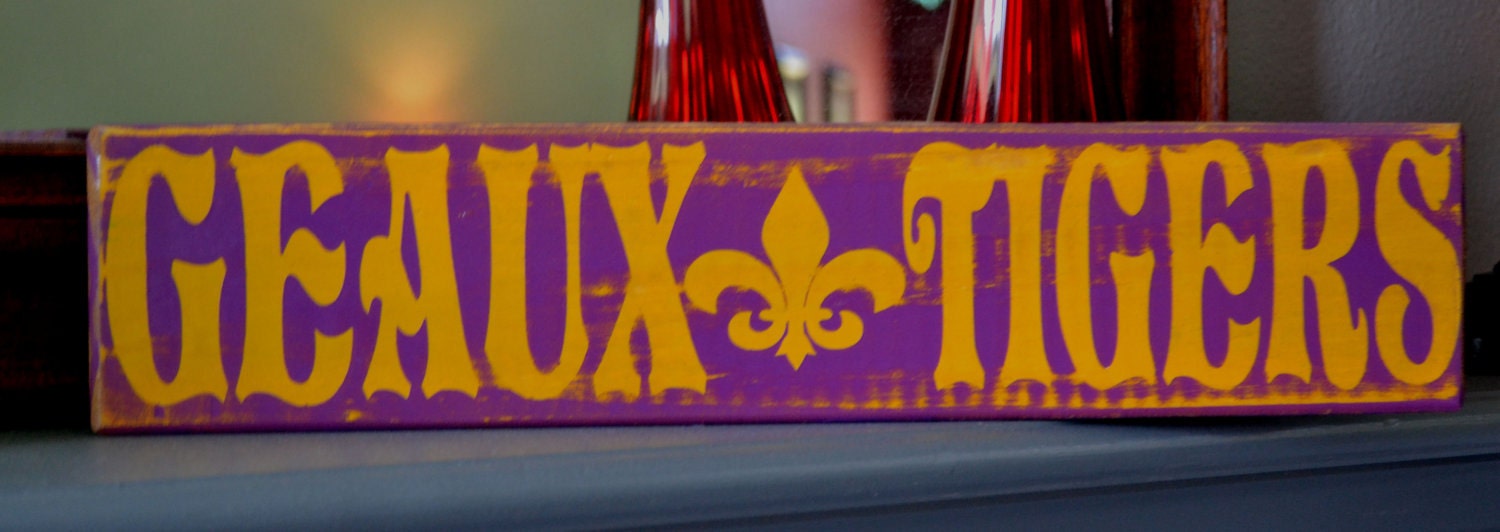 LSU custom wood sign, fleur de lis,  hand painted wood football sign, geaux tigers