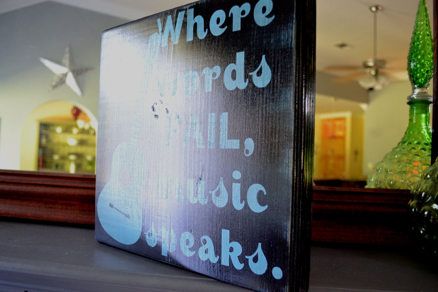 Where words fail music speaks, guitar, custom wood sign, home decor