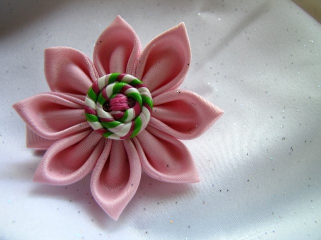 Pink Kanzashi Flower - Pink and Apple Green Pink Swirl Button Whimsical Kanzashi Blossom Flower