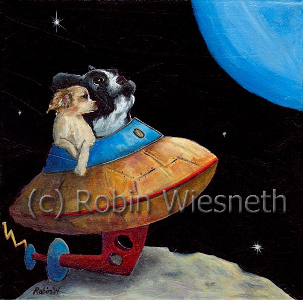 Dog Art - Small Dogs in Space Rocket