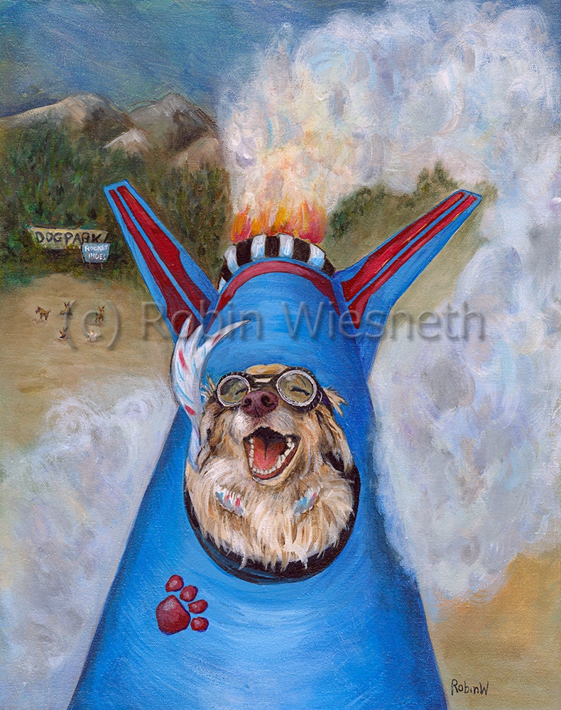 Dog Art - Golden Retriever in a Rocket