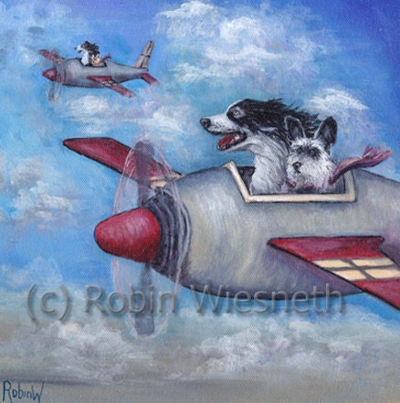 Dog Art - Border Collie and Schnauzer Flying Airplane