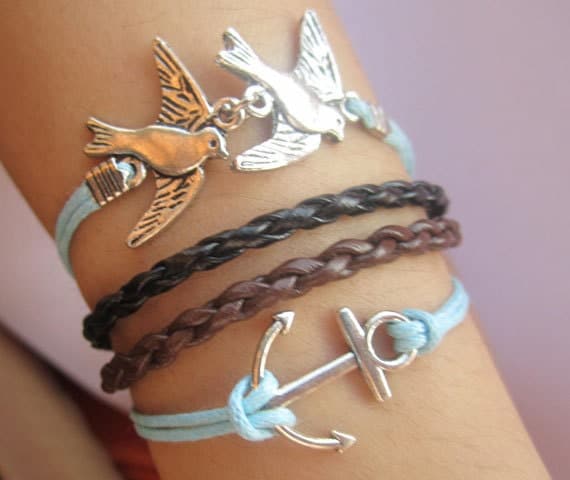 Bracelet--antique silver swallow anchor bracelet & double wax string chain