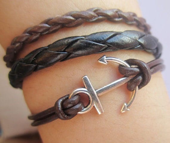 Bracelet--antique silver anchor bracelet & double wax string chain