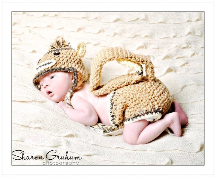 Crochet Sock Monkey Hat and Diaper Cover with Tail.