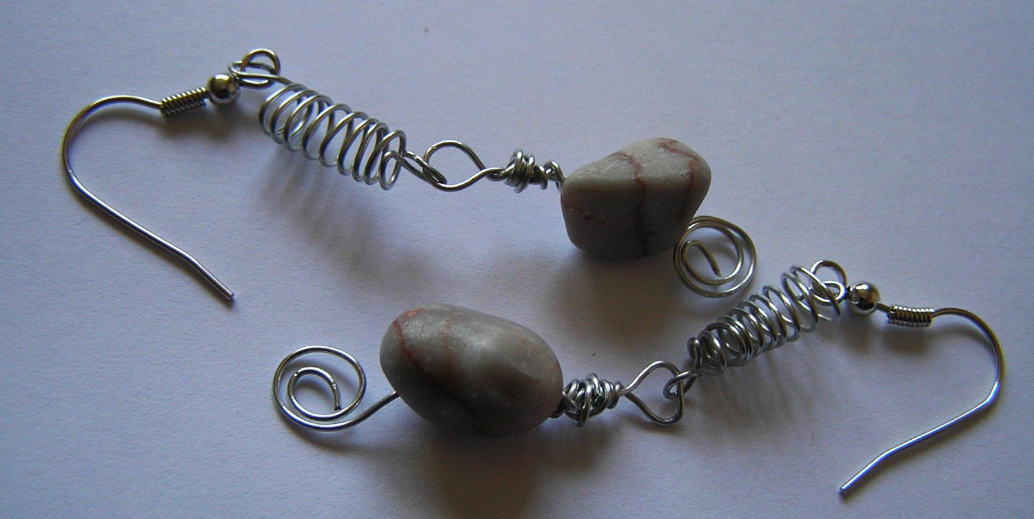 Steel Spring and Marble Nugget Earrings w Hypoallergenic Hooks