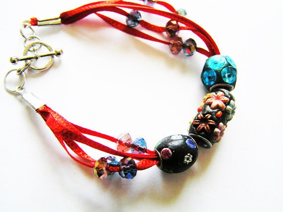 Unique Kashmiri Beaded Multiple Strand Bracelet on Red Ribbon with Crystal Bead Accents