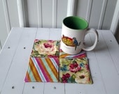 Fabric Coasters With Floral Motif With Colorful Striped Reverse Side Set of Four