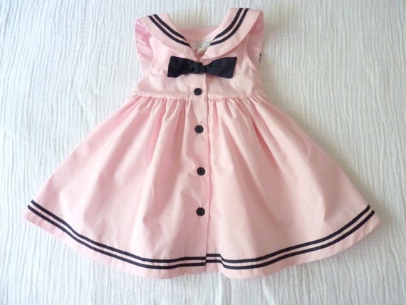 Pink and black baby sailor nautical dress, 12 months. Sleeveless, empire-waist, square sailor collar and a little black bow