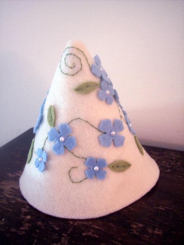 Felt Party Hat, Ivory and Blue, Flowers, Girls, Boys, Birthday, Dress Up, Photo Prop