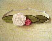 Felt Rose Headband with Leaves in white, pink and green