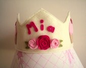 Felt Birthday Crown in Ivory , Cupcakes, Roses, Personalized with Name, Pink