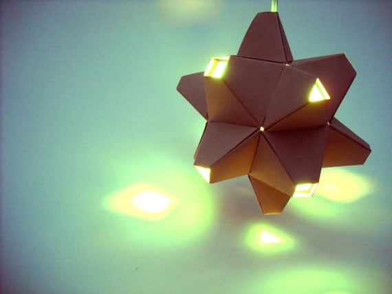 Paper Origami Lamp. Tan and Aqua. 48 sides. (Polyhdra Luminaria Series)
