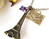Paris Vacation - Antique Brass Paris Eiffel Tower and Luggage with Purple Crystal Bead Necklace