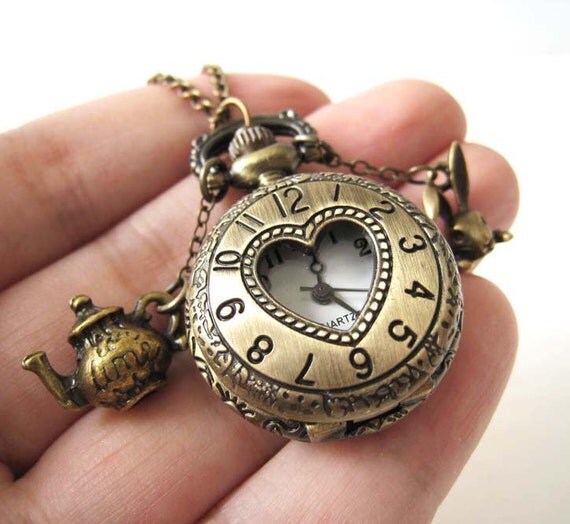Sale (Limited Time) - Antique Brass Heart Filigree Cover Usable Pocket Watch with Cute Rabbit and Teapot Pendants Necklace