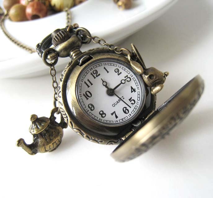 Sale (Limited Time) - Antique Brass Heart Filigree Cover Usable Pocket Watch with Cute Rabbit and Teapot Pendants Necklace