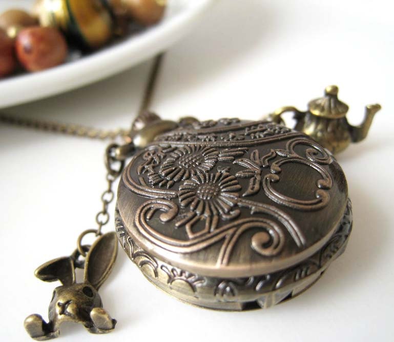 Sale (Limited Time) - Antique Brass Heart Filigree Cover Usable Pocket Watch with Cute Rabbit and Teapot Pendants Necklace