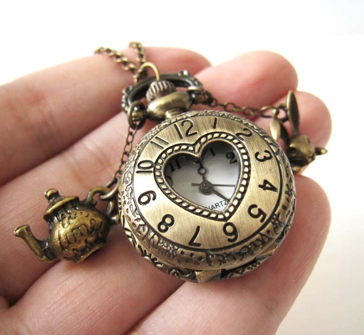 Sale (Limited Time) - Antique Brass Heart Filigree Cover Usable Pocket Watch with Cute Rabbit and Teapot Pendants Necklace