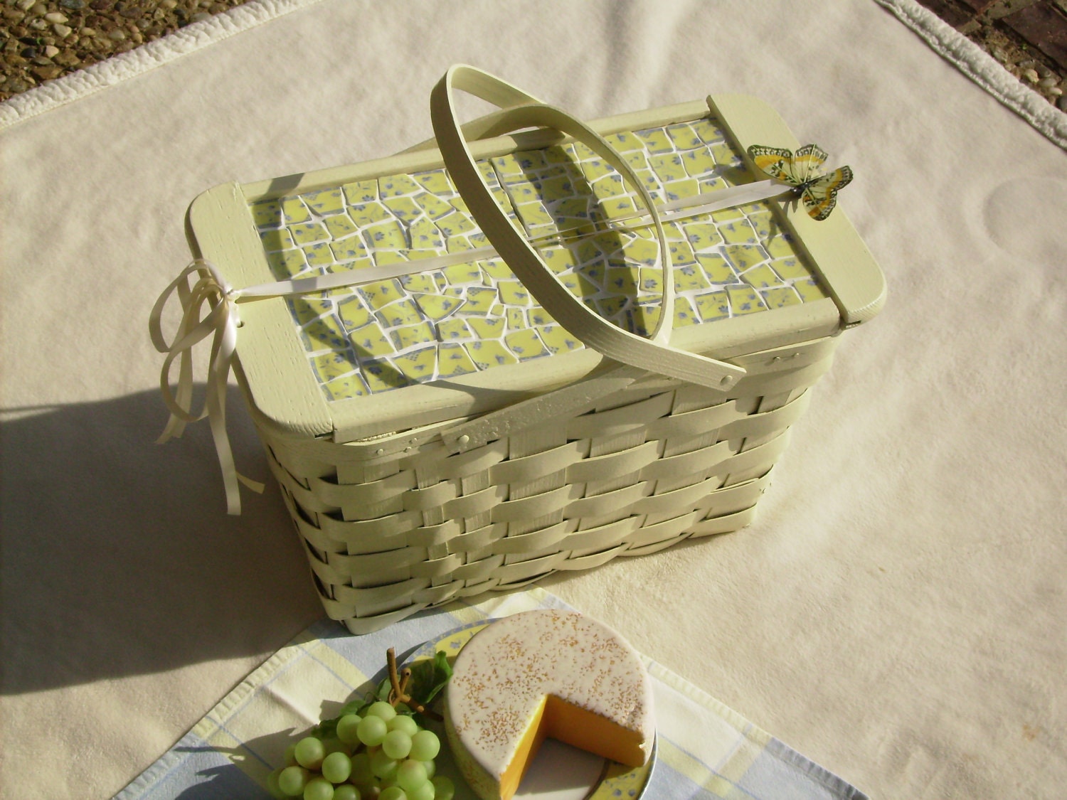 Vintage Picnic Basket with Blue and Yellow Antique China Mosaics