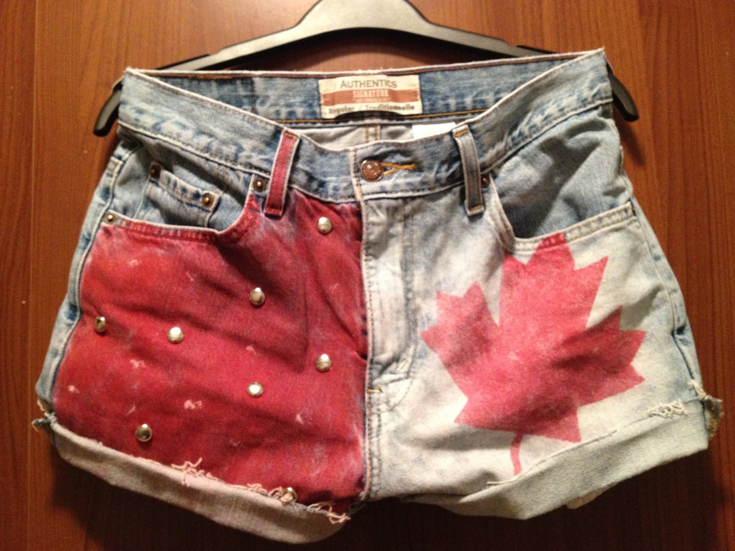 Oh Canada hand painted and Studded High Waisted Denim Shorts-