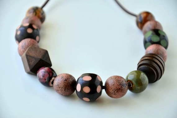 Handmade  Overwear Painting Polymer Clay Beads with Wood , Bone and Porcelain Beads in pastel pink, green