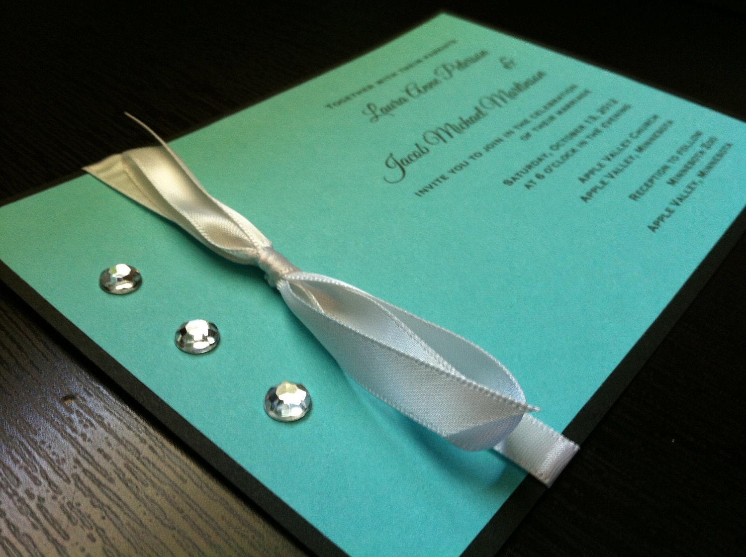 Tiffany Blue and black wedding invitations with white bow and bling