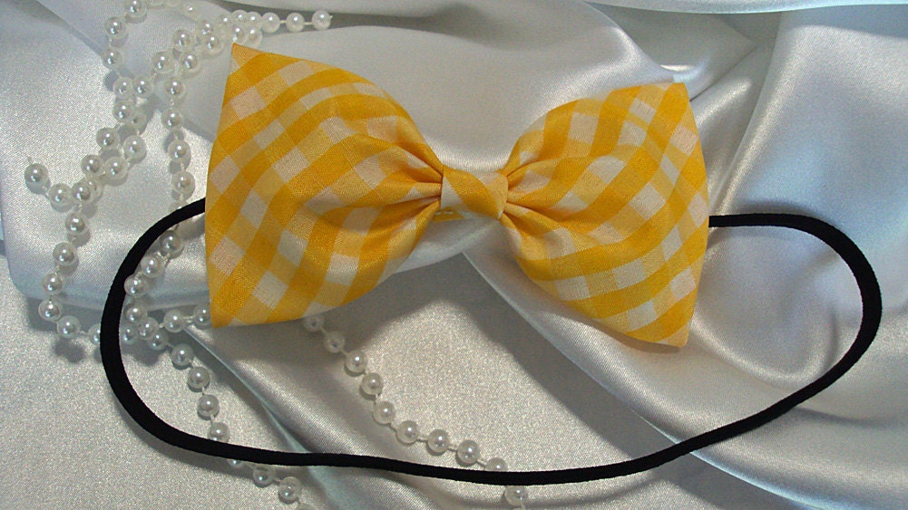 Yellow Plaid Hair Bow Headband or Barrette