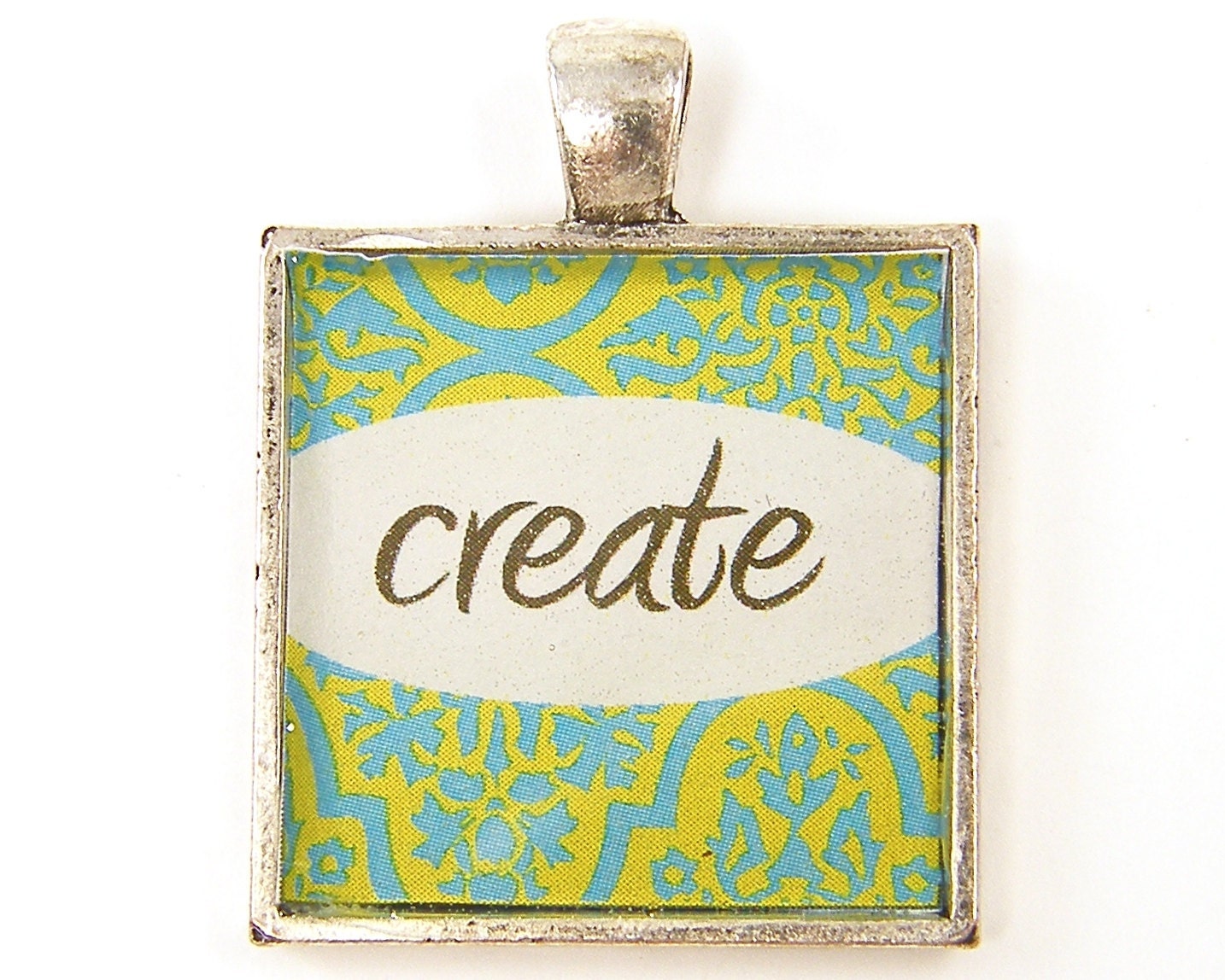 Create Pendant, Creativity Pendant, Blue Green Black White Square Inspirational Motivation Jewelry