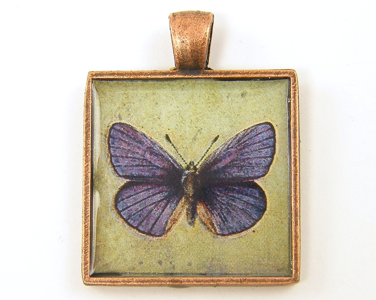 Butterfly Pendant - Purple Green Collage Square Copper Resin Pendant - BeautifulByCharlene