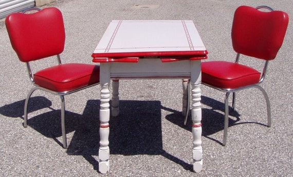Vintage 1940's Red and White Enamel Top Distressed Dinette Table and Two Red Reproduction Chairs