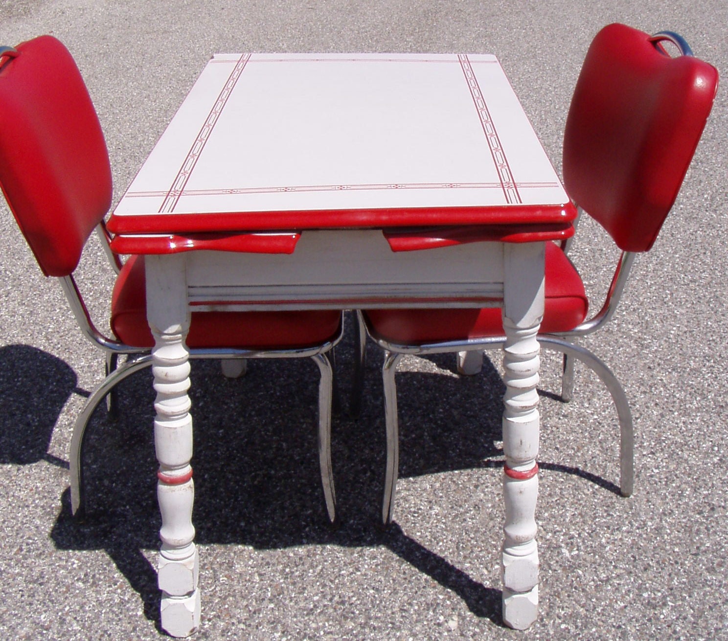 Vintage 1940's Red and White Enamel Top Distressed Dinette Table and Two Red Reproduction Chairs