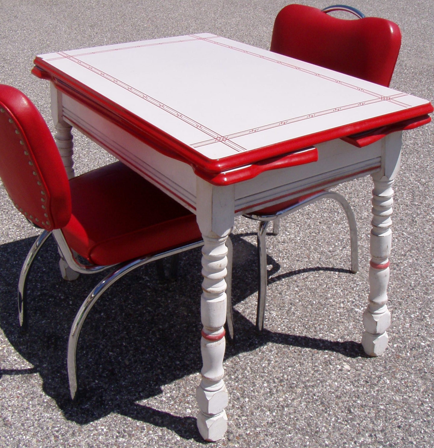 Vintage 1940's Red and White Enamel Top Distressed Dinette Table and Two Red Reproduction Chairs