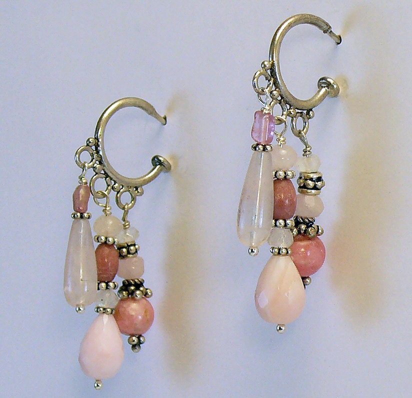 Pink Peruvian Opals, Rhodochrosite and Sterling Silver Dangle Earrings with Rose Quartz, Rhodonite, Rainbow Moonstone and Tourmaline