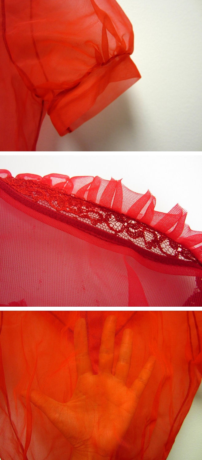 1960s cherry tomato red sheer lingerie nightgown jacket cover up with rhinestone buttons