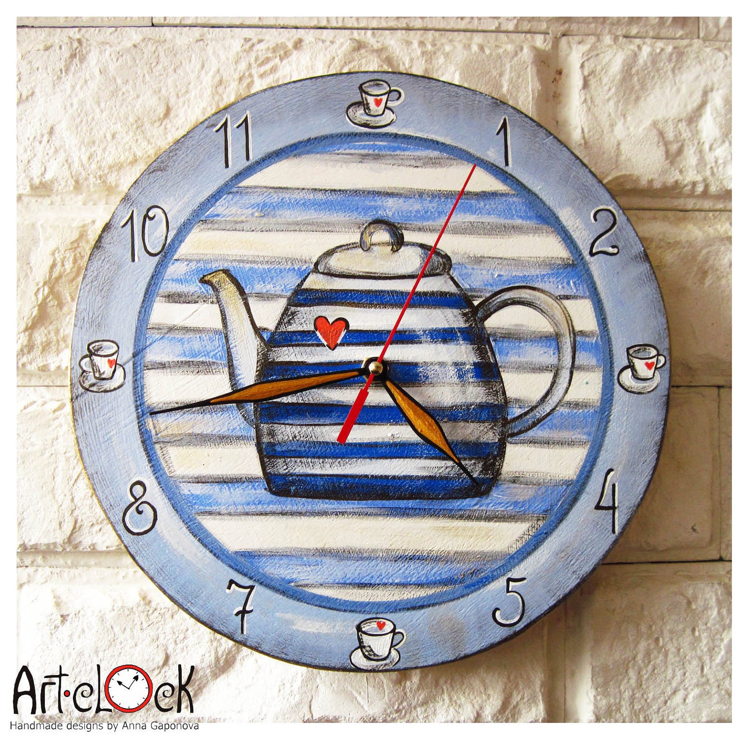 The Blue Teapot Wall Clock Home Decor for Children Baby Kid Boy Girl Nursery Stripes Kitchen