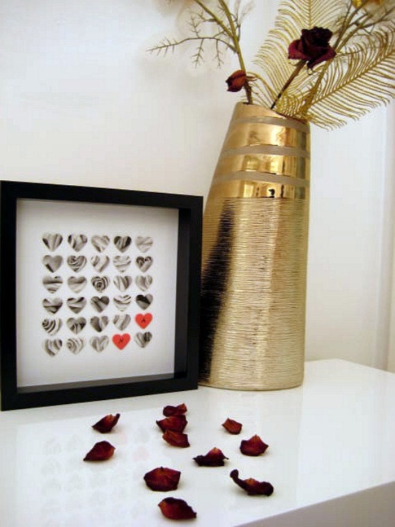 Personalized Grey and Red Hearts - Wedding Gift Black Framed Custom Paper Work - 3D