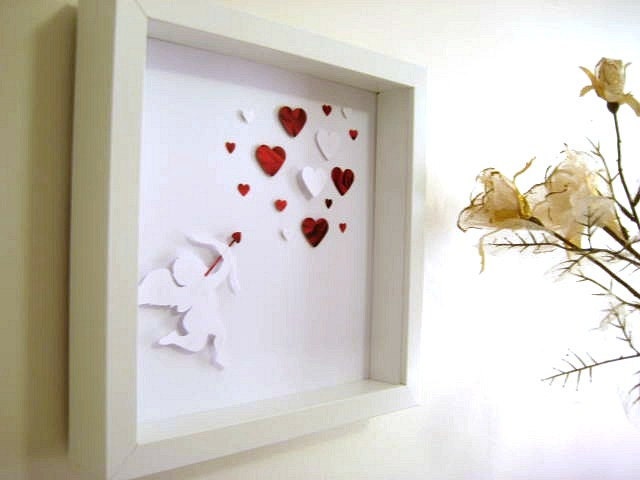 Personalized Wedding Gift - OOAK - Custom 3D Wedding Paper Work - Love Angel Eros Cupid and Hearts - Red and White Hearts with White Framed