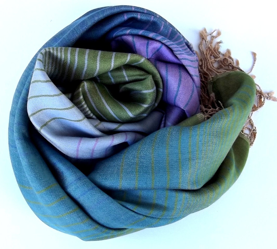 100% Silk Turqoise-Pink Stripes Scarf Traditional Textiled