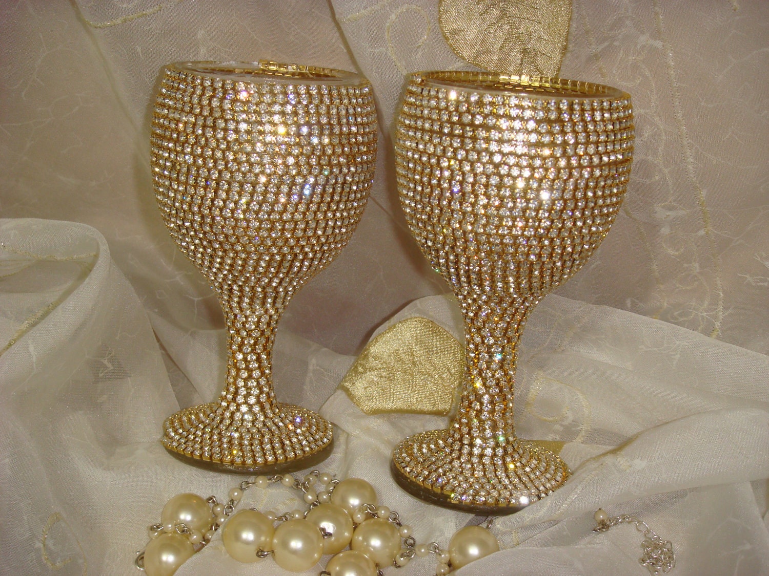 Custom designed handmade pair of golden wine glasses with Czech rhinestones