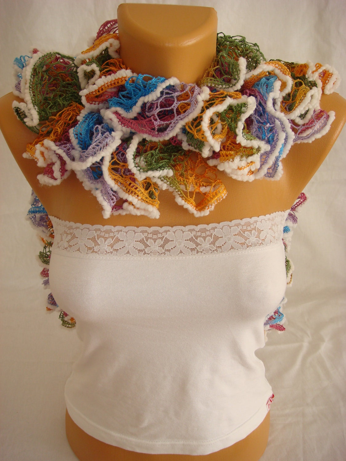 Hand knitted colorful ruffled scarf