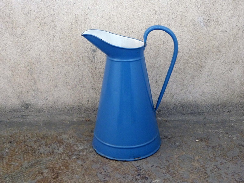 Blue French Antique Enamel Pitcher or Jug Large Very Good Condition