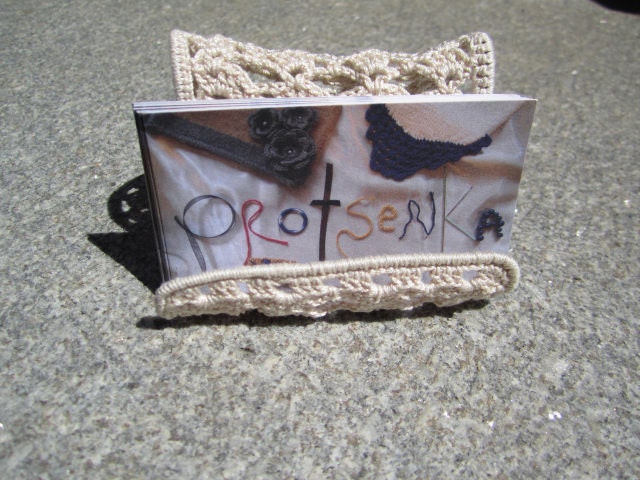Unique crocheted business card holder/stand/display