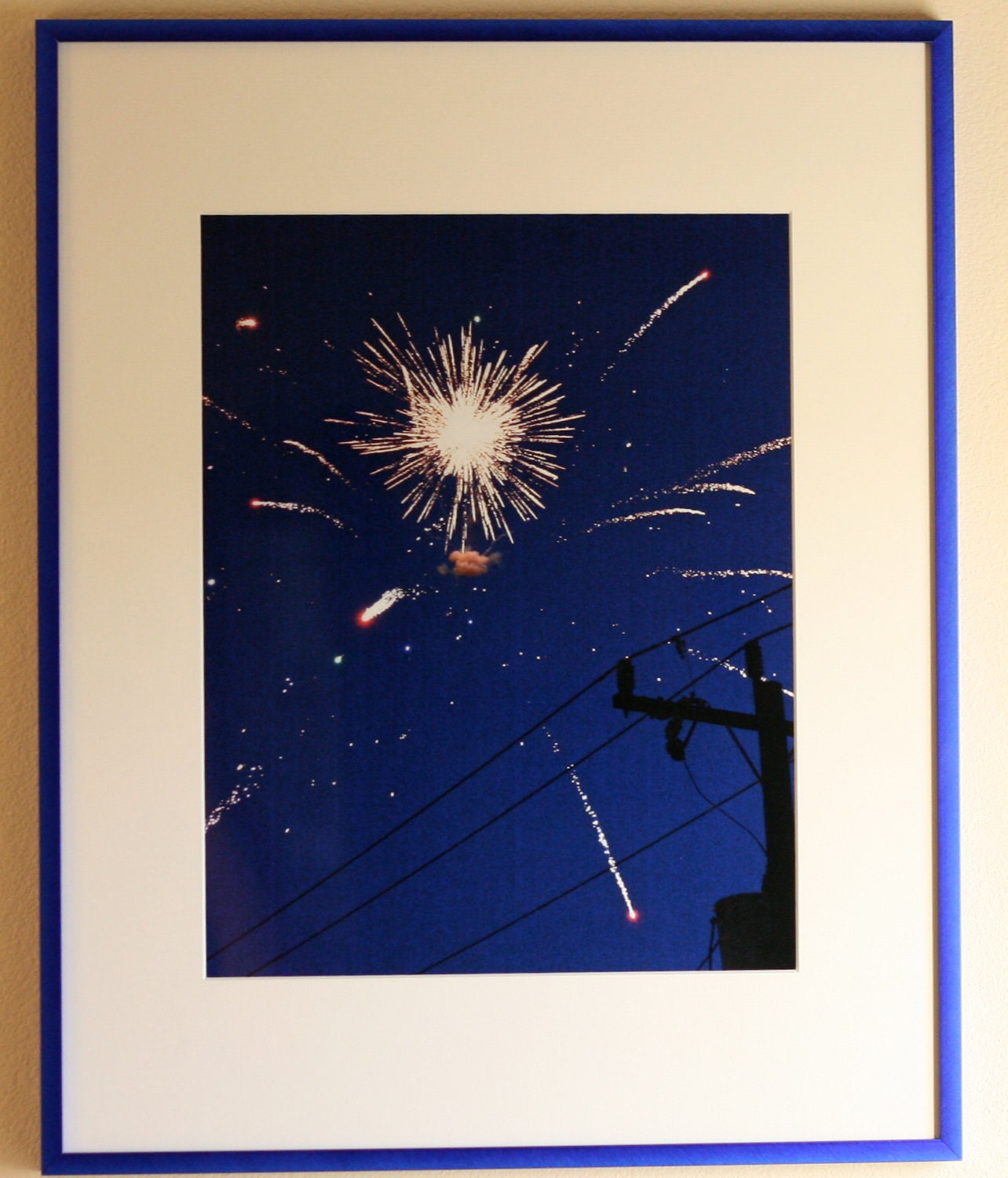 Fireworks in the City with Power Lines: Framed 11x14 Print