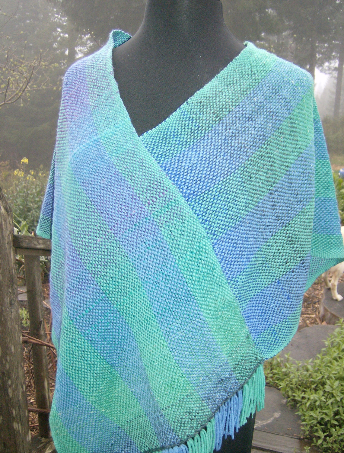 River Blue and Green Striped Poncho Shawl