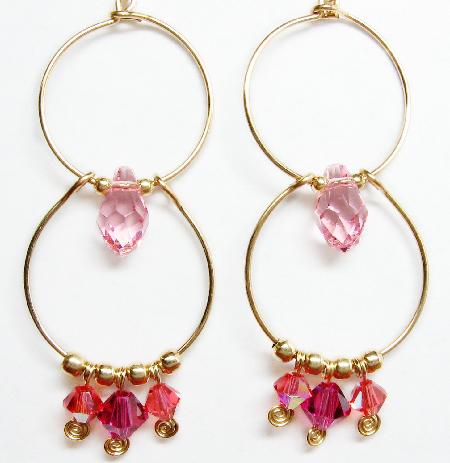 pink Swarovski dangle earrings, gold filled earrings with two hoops