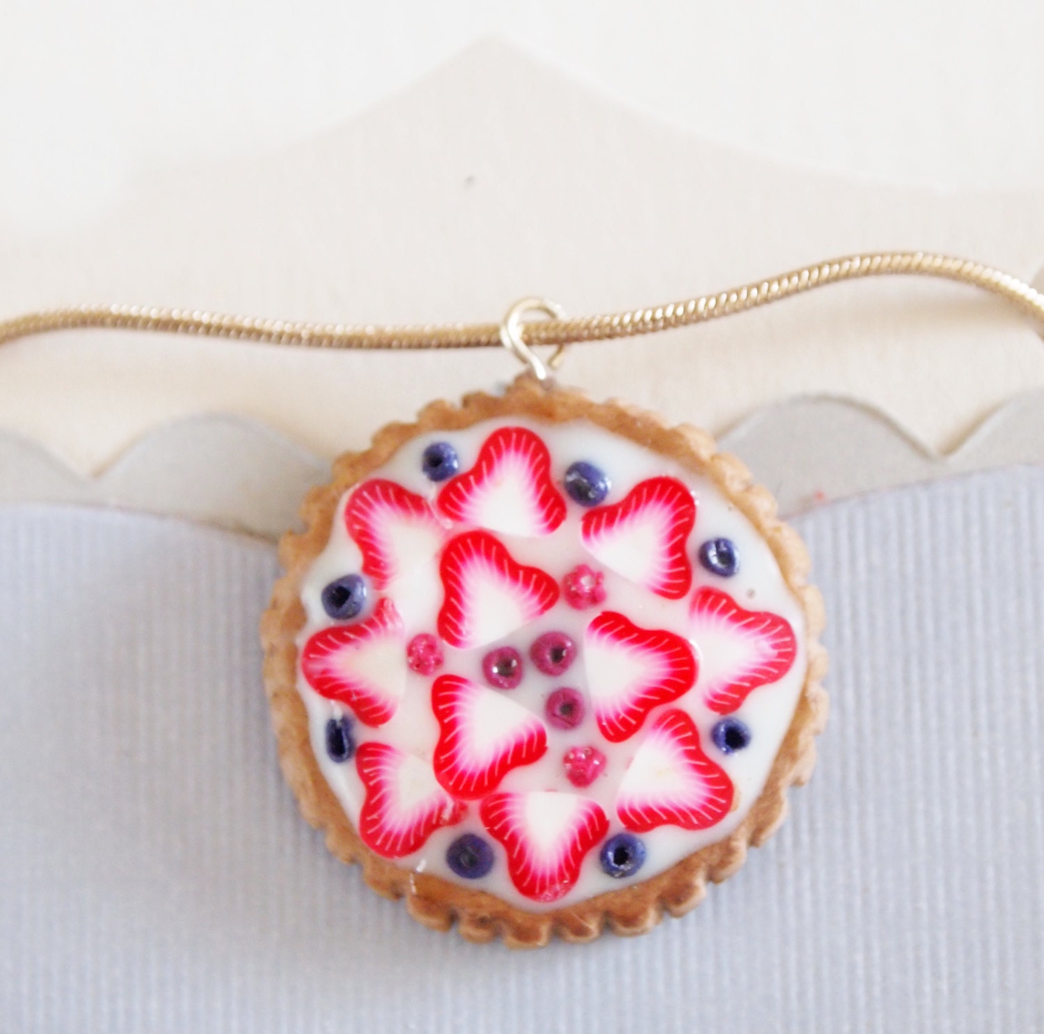 Strawberry tart necklace, patisserie food jewelry