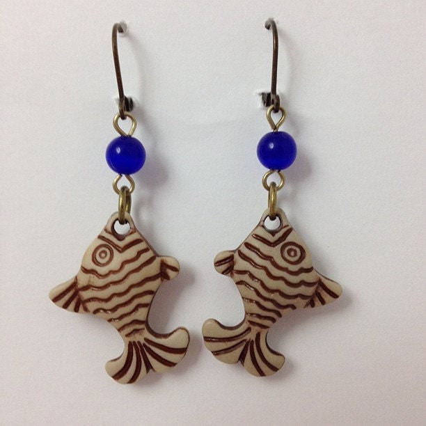 Tropical Fish Earrings with deep blue glass accent Bead