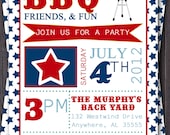 4th of July Typography Invitation.  Stars, Red, White, & Blue.  BBQ, Picnic, Party, Cookout, Pool Party