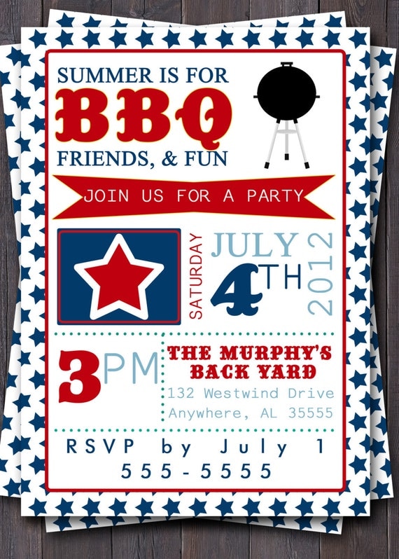 4th of July Typography Invitation. Stars, Red, White, & Blue. BBQ, Picnic, Party, Cookout, Pool Party